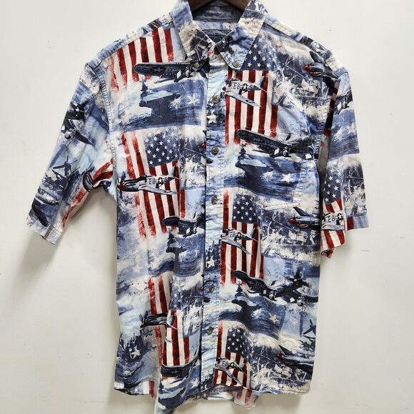 Vtg Red Head Mens Patriotic Airplane Print Shirt Size M Short Sleeve Button. USA - Picture 1 of 10